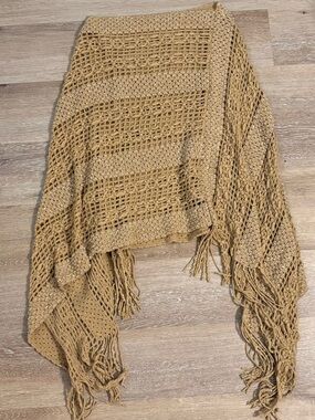 Open Weave Fringe Shawl - Tan